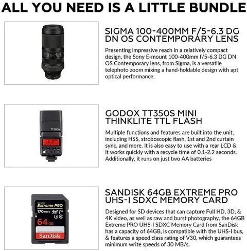 Sigma 100-400mm f/5-6.3 DG DN OS Contemporary Lens for Sony E | E-Mount Lens/ Full-Frame Format, Four SLD Elements, OS Image Stabilization, Godox TT350S Flash, 64GB Extreme PRO UHS-I Memory Card in Saudi Arabia