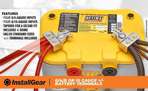 InstallGear 0/4/8 or 10 Gauge Battery Terminals with Shims - Positive and Negative | for Car Battery, Battery Pack, Battery Terminal Connectors, 0 Gauge, 4 Gauge, 8 Gauge, and 10 Gauge Wires in Kuwait