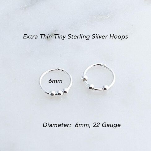 Hoop Earrings Cartilage Nose Septum Ear Helix Tragus Piercing Jewelry for Women Hypoallergenic with Balls Thin Tiny (6mm x 22 gauge / 3 Beads) in Kuwait