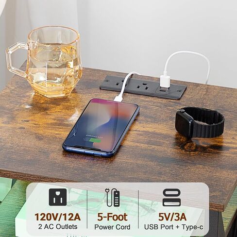 مجموعة حامل ليلي AMHANCIBLE 2، منضدة LED مع محطة شحن، طاولات جانبية نهائية مع منفذ USB ومنفذ، طاولات بجانب السرير مع أدراج قماشية لغرفة النوم وغرفة المعيشة، بني ريفي HET053LBR in Kuwait