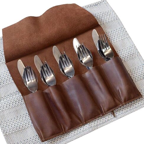 Hide & Drink, Leather Cutlery Roll/for Picnic/Restaurants/Cafés/Home & Office/Traveling/Camping, Handmade - Bourbon Brown in Saudi Arabia