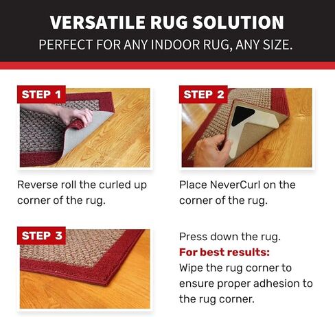 NeverCurl 4pk Rug Corner Grippers - Instantly Flattens Rug Corners to Hold Rug Down, Stiff Layer Prevent Curling, Renewable Carpet Gripper Sticky Gel, Easy Lift Design to Clean Under Rugs in Kuwait