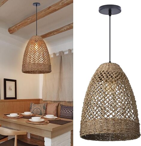 Arturesthome Wicker Pendant Light Fixture Basket Rattan Chandelier Handmade Pendant Lighting for Dining Table Restaurant Foyer D 11.8″* 15.7″ in Kuwait