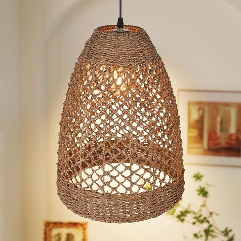 Arturesthome Wicker Pendant Light Fixture Basket Rattan Chandelier Handmade Pendant Lighting for Dining Table Restaurant Foyer D 11.8″* 15.7″ in Kuwait