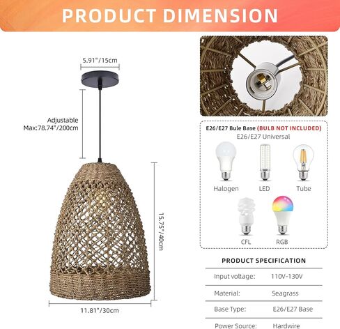 Arturesthome Wicker Pendant Light Fixture Basket Rattan Chandelier Handmade Pendant Lighting for Dining Table Restaurant Foyer D 11.8″* 15.7″ in Kuwait