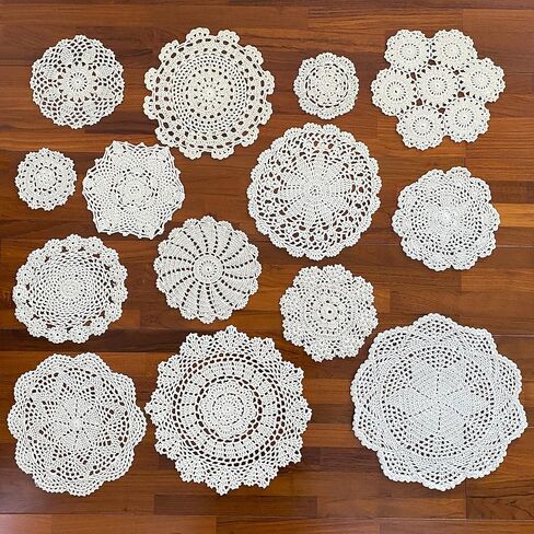 kilofly 14 pcs Cotton Crochet Doilies 4"-11.5" Handmade White Beige Placemats in Kuwait