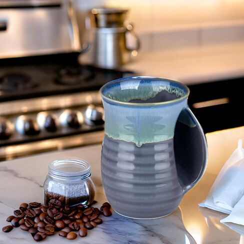 Hand Warmer Coffee Mug Handmade Pottery (UPGRADED) - 16 Ounce Large Hand Warming Mugs Ceramic Gift with Contoured Pocket, Keep Your Fingers Warmth, Right Handed in Saudi Arabia