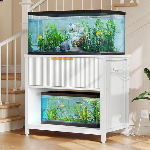 DWVO 20-29 Gallon Aquarium Stand with Power Outlets, Cabinet for Fish Tank Accessories Storage - Metal Frame Fish Tank Stand Suitable for Turtle Tank, Reptile Terrarium, 350LBS Capacity, White in Saudi Arabia