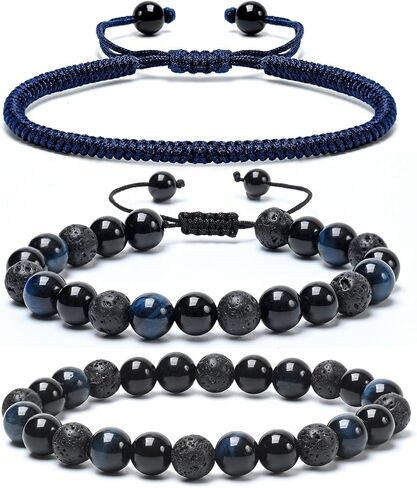 SAMXY Mens Bracelets Beads-8MM Black Onyx Obsidian Lava Stone Beads-2Pcs Handmade Natural Stone Crystal Healing Bracelet-Triple Protection Bracelet for Men Women Gifts in Saudi Arabia
