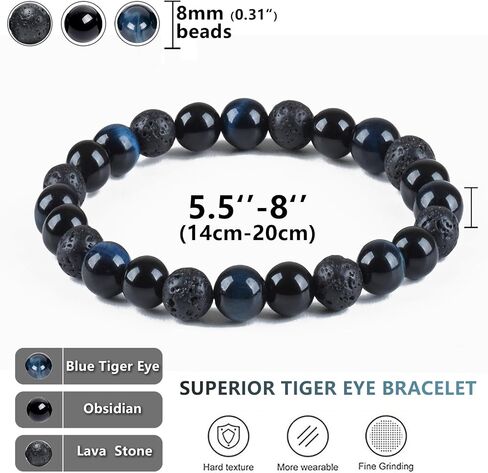 SAMXY Mens Bracelets Beads-8MM Black Onyx Obsidian Lava Stone Beads-2Pcs Handmade Natural Stone Crystal Healing Bracelet-Triple Protection Bracelet for Men Women Gifts in Saudi Arabia