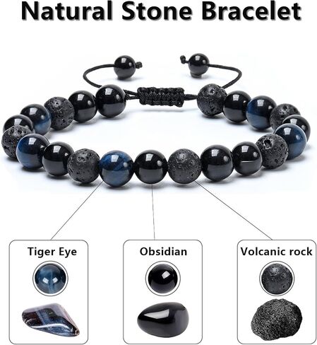 SAMXY Mens Bracelets Beads-8MM Black Onyx Obsidian Lava Stone Beads-2Pcs Handmade Natural Stone Crystal Healing Bracelet-Triple Protection Bracelet for Men Women Gifts in Saudi Arabia