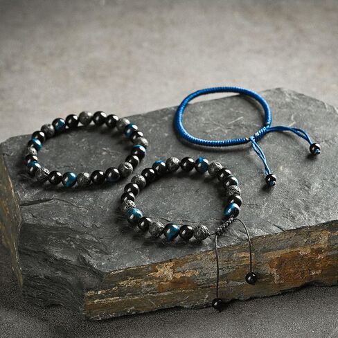 SAMXY Mens Bracelets Beads-8MM Black Onyx Obsidian Lava Stone Beads-2Pcs Handmade Natural Stone Crystal Healing Bracelet-Triple Protection Bracelet for Men Women Gifts in Saudi Arabia