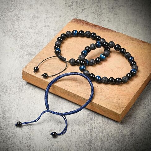 SAMXY Mens Bracelets Beads-8MM Black Onyx Obsidian Lava Stone Beads-2Pcs Handmade Natural Stone Crystal Healing Bracelet-Triple Protection Bracelet for Men Women Gifts in Saudi Arabia