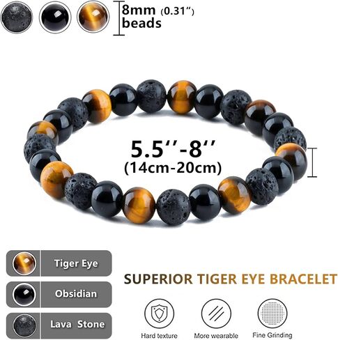 SAMXY Mens Bracelets Beads-8MM Black Onyx Obsidian Lava Stone Beads-2Pcs Handmade Natural Stone Crystal Healing Bracelet-Triple Protection Bracelet for Men Women Gifts in Saudi Arabia