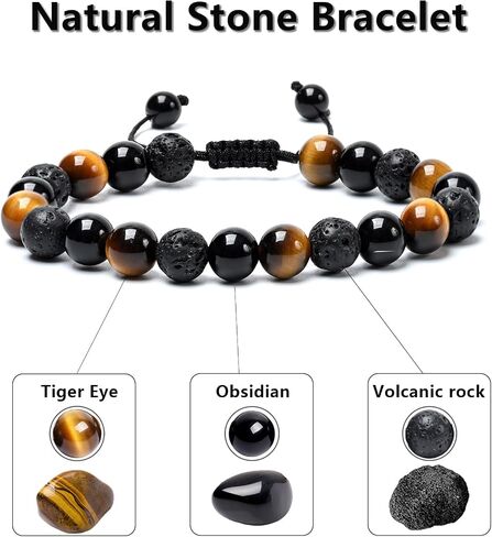 SAMXY Mens Bracelets Beads-8MM Black Onyx Obsidian Lava Stone Beads-2Pcs Handmade Natural Stone Crystal Healing Bracelet-Triple Protection Bracelet for Men Women Gifts in Saudi Arabia