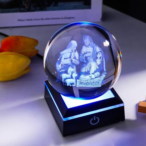 YWHL 3.14inches 3D Crystal Virgin Mary and Baby Jesus Ball with Colorful LED Base Laser Engraved Blessed Mother and Child Jesus Figurine Religious Gifts Keepsakes Decor for Christian Catholic Church in Kuwait