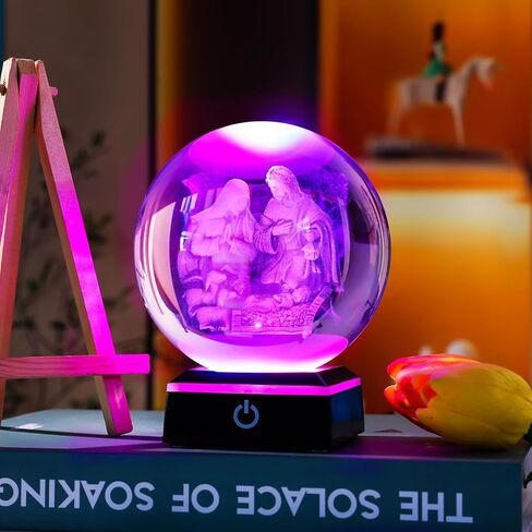 YWHL 3.14inches 3D Crystal Virgin Mary and Baby Jesus Ball with Colorful LED Base Laser Engraved Blessed Mother and Child Jesus Figurine Religious Gifts Keepsakes Decor for Christian Catholic Church in Kuwait