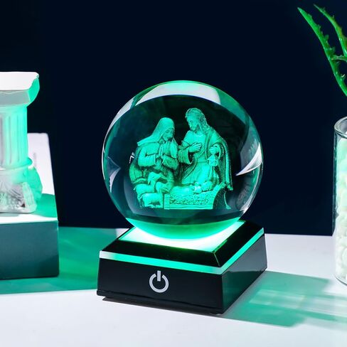 YWHL 3.14inches 3D Crystal Virgin Mary and Baby Jesus Ball with Colorful LED Base Laser Engraved Blessed Mother and Child Jesus Figurine Religious Gifts Keepsakes Decor for Christian Catholic Church in Kuwait