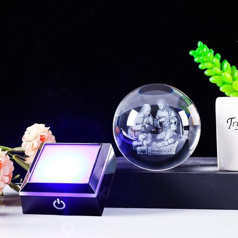YWHL 3.14inches 3D Crystal Virgin Mary and Baby Jesus Ball with Colorful LED Base Laser Engraved Blessed Mother and Child Jesus Figurine Religious Gifts Keepsakes Decor for Christian Catholic Church in Kuwait