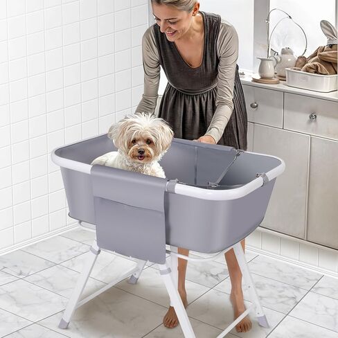 حوض استحمام محمول للكلاب، حوض استحمام للكلاب، محطة استحمام لغسيل الحيوانات الأليفة مع قفل أمان وجيب جانبي للقطط الصغيرة والمتوسطة والكبيرة، للاستخدام الداخلي والخارجي، ارتفاع قابل للتعديل بخمسة مستويات، قابل للطي، رمادي in Kuwait