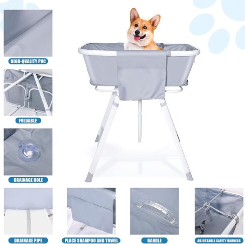 حوض استحمام محمول للكلاب، حوض استحمام للكلاب، محطة استحمام لغسيل الحيوانات الأليفة مع قفل أمان وجيب جانبي للقطط الصغيرة والمتوسطة والكبيرة، للاستخدام الداخلي والخارجي، ارتفاع قابل للتعديل بخمسة مستويات، قابل للطي، رمادي in Kuwait