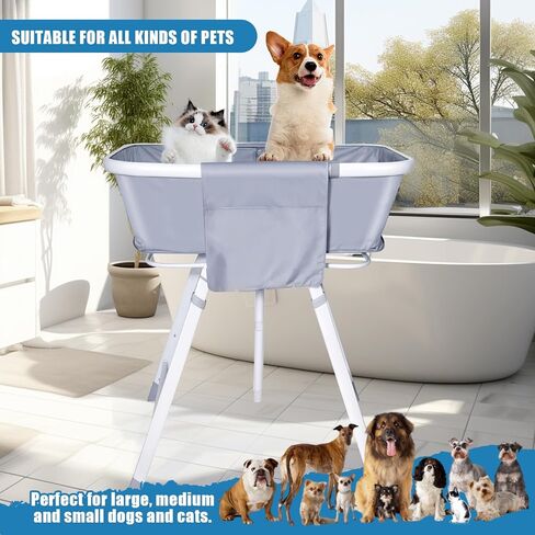 حوض استحمام محمول للكلاب، حوض استحمام للكلاب، محطة استحمام لغسيل الحيوانات الأليفة مع قفل أمان وجيب جانبي للقطط الصغيرة والمتوسطة والكبيرة، للاستخدام الداخلي والخارجي، ارتفاع قابل للتعديل بخمسة مستويات، قابل للطي، رمادي in Kuwait