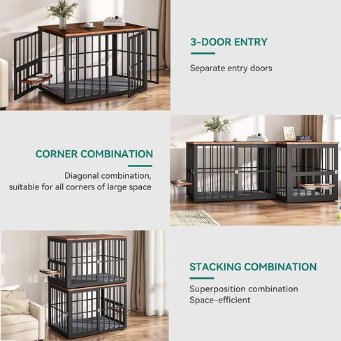 YITAHOME 77.6" Large Corner Dog Crate Furniture for 2 Dogs, 4 Combination Forms Wooden Dog Kennel with 360° rotatable Dog Bowls & 3 Doors,Dog Crate Furniture TV Stand for Medium Large Dog, Brown in Saudi Arabia