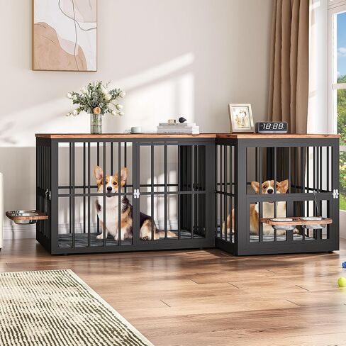 YITAHOME 77.6" Large Corner Dog Crate Furniture for 2 Dogs, 4 Combination Forms Wooden Dog Kennel with 360° rotatable Dog Bowls & 3 Doors,Dog Crate Furniture TV Stand for Medium Large Dog, Brown in Saudi Arabia