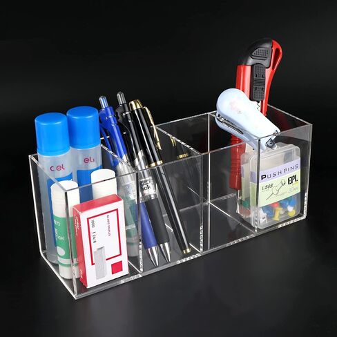 Clear Acrylic Pen Holder Handmade, 4 Slot Pencil Organizer Countertop, Pencil Stationery Organizer for Office Accessory, Makeup Cosmetic Brushes Storage, Clear Vanity Organizer for Bathroom (Clear) in Saudi Arabia