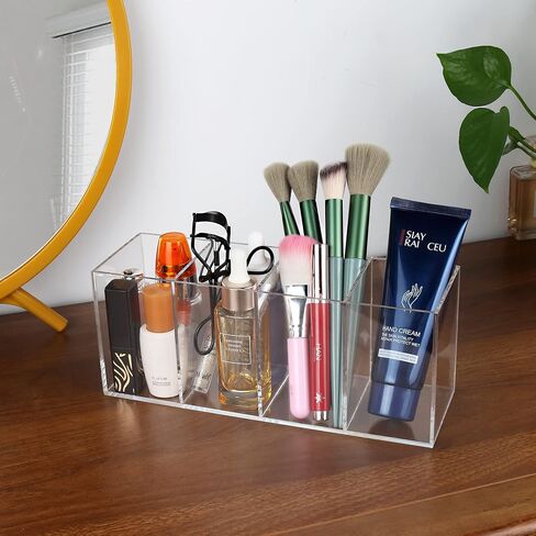 Clear Acrylic Pen Holder Handmade, 4 Slot Pencil Organizer Countertop, Pencil Stationery Organizer for Office Accessory, Makeup Cosmetic Brushes Storage, Clear Vanity Organizer for Bathroom (Clear) in Saudi Arabia