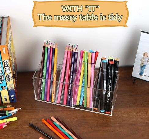 Clear Acrylic Pen Holder Handmade, 4 Slot Pencil Organizer Countertop, Pencil Stationery Organizer for Office Accessory, Makeup Cosmetic Brushes Storage, Clear Vanity Organizer for Bathroom (Clear) in Saudi Arabia
