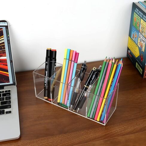 Clear Acrylic Pen Holder Handmade, 4 Slot Pencil Organizer Countertop, Pencil Stationery Organizer for Office Accessory, Makeup Cosmetic Brushes Storage, Clear Vanity Organizer for Bathroom (Clear) in Saudi Arabia