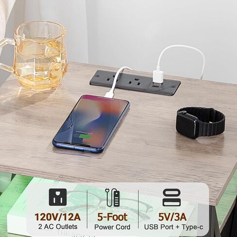 مجموعة حامل ليلي AMHANCIBLE 2، منضدة LED مع محطة شحن، طاولات جانبية نهائية مع منفذ USB ومنفذ، طاولات بجانب السرير مع أدراج قماشية لغرفة النوم وغرفة المعيشة، بني ريفي HET053LBR in Kuwait