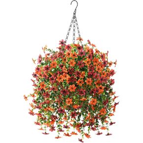 INQCMY Artificial Hanging Flowers in Basket for Summer Outdoor Porch Decoration,Fake Silk Violet in Planter,12inch Hanging Baskets with Artificial Flower UV Resistant for Home Balcony Yard Patio