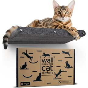 Wall Mounted Cat Shelves (Set of 4) by Pryde Pets - 100% Sustainable PET Felt Feline Enrichment Climber Furniture for Small & Large Indoor Cats, Modern Climbing Gym Jungle Design (Oatmeal)