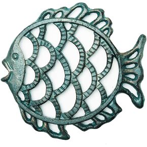 Sungmor Cast Iron Cute Fish Trivet for Wood Stove - Dia-7.5 Inch Dark Green Finish - Rustproof Round Stands for Hot Pots/Dishes/Pans - Decorative Metal Table Trivet for Kitchen Cooking