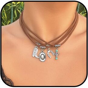 Western Cowgirl Necklace for Women Boho Choker Necklace Silver Cowboy Boot Necklace Layered Leather Choker Necklace Handmade Bohemian Country Jewelry Accessories