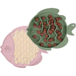 Coomazy 2-Pack 2-in-1 Silicone Slow Feeder Dog Cat Bowls & Lick Mat, Interactive Puzzle Toy for Pets Food Training, Keeps Dogs Cats Busy, Prevents Puppy Kitty Overeating (Avocado/Pink, 1.2 Cup)
