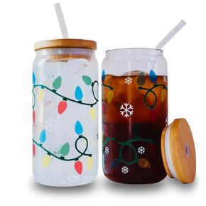 Color Changing Christmas Lights Cute Glass Cup, Winter Iced Coffee Glass Holiday Season Gift, Christmas Themed Gift for Women Cup Glass Tumbler