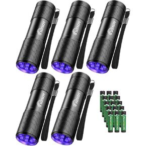 UV Flashlight Black Light UV Lights, 5 Pack 9 LED 395nm Ultraviolet Blacklight, Handheld Mini Torch Light Pet Urine Detector for Dog/Cat Urine, Dry Stains, Bed Bug(15x AAA Batteries(Black))