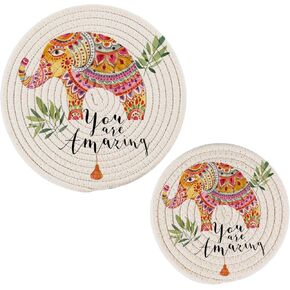Trivets for Hot Dishes, Pots and Pans Potholders Woven Trivet Cotton Round Large Pot Holder Decor Heat Resistant Hot Pads Mat for Table Counter Cooking Potholder Set of 2 (7in + 9in) Mandala