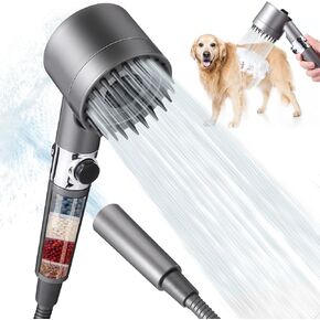 Palksky Dog Shower Head Attachment with Handheld & Massage Brush, Filtered Showerhead for Hard Water, High Pressure Multiple Spray Modes Water Flow, Pet Shower Supplies with ON/OFF Switch for Dog Bat