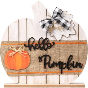 Super Holiday Fall Hello Pumpkin Sign Decorations, 12"/30CM Wooden Autumn Buffalo Plaid Tabletop Decor, for Home Farmhouse Living Room Harvest Day Thanksgiving Decor.