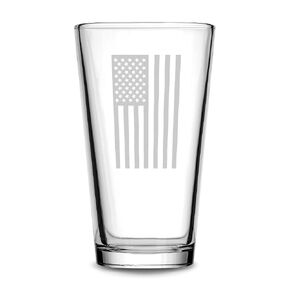 Integrity Bottles, Verticle American Flag, Premium Pint Glass, Handmade, Handblown, Hand Etched Gifts, Sand Carved, 16oz