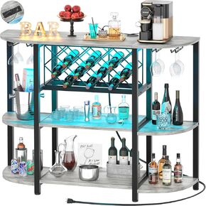 Unikito 4-Tier Metal Coffee Bar Cabinet with Outlet and LED Light, Freestanding Floor Bar Table for Liquor with Glass Holder and Wine Rack Storage, Wine Bakers Rack for Kitchen Dining Room, Gray Oak
