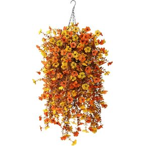 Artificial Faux Hanging Plants Flowers Basket for Fall Outdoor Decoration,Fake Silk Orange Mums planters UV Resistant Look Real for Home Porch Patio Balcony Yard Autumn Decor (Yellow Orange)