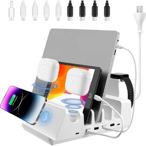 150W 6-Port Charging Station for Home with Fast Wireless Charging for Mobile & Wireless Charging Seats for 2 Airpods (Buds). 65W PD USB-C Port provided for laptops
