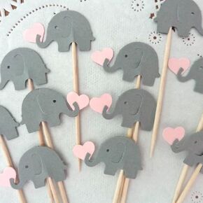 Grey Elephants holding Light Pink Hearts Cupcake Toppers - NEW Larger Size 1.5" - Elephant and Hearts Food Picks - Gray and Pink Elephant Party - Baby Girl Shower Appetizer Picks (Set of 24)