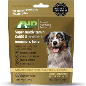 ANP Super Multi-Vitamin, Natural No Animal Proteins, 60 Soft Chews for Dog Gut Health and Immune System, CoQ10, Probiotics 5M CFUs and Glucosamine