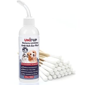 Dog Ear Cleaning Solution，Ear Infection Treatment for Dogs & Cats to Mitigate Itching, Inflammation, and Odor for Maintaining Ear Hygiene, with 30 Cotton Swabs, 4 oz